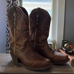 Brown an red flowered Justin boots